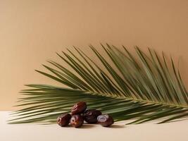 Dates and palm leaf on beige background photo