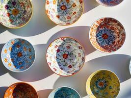 A collection of colorful bowls on a white surface photo