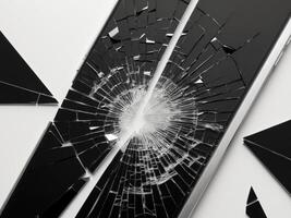 A broken cell phone with a shattered screen photo