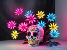 A colorful skull with flowers in front of a black background photo