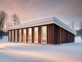 A modern house in the snow with windows photo