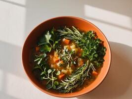 A bowl of soup with vegetables and herbs photo