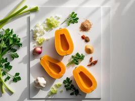 Butternut squash, garlic, onion, parsley, and spices on a white cutting board photo
