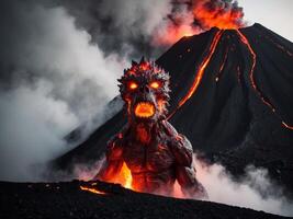 A monster with red eyes is standing in front of a volcano photo