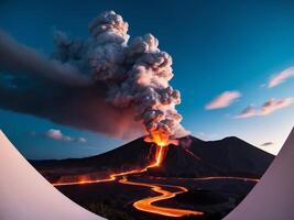 A volcano is seen with a stream of lava coming out of it photo