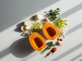 Pumpkin, garlic, onion, and other ingredients on a white surface photo
