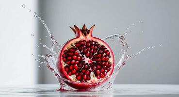 A pomegranate is being splashed with water photo