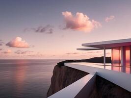 A modern house on the edge of a cliff overlooking the ocean photo