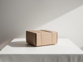A cardboard box sitting on a table in front of a window photo