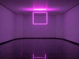 A purple neon light in a room with a square photo