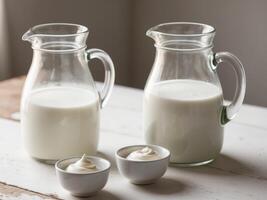Two glass jars with milk and two small bowls photo