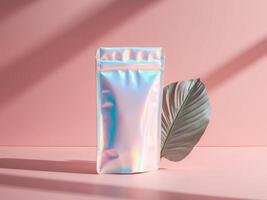 A white pouch with foil on a pink background photo