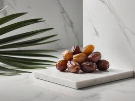 Dates on marble slab with palm leaf photo
