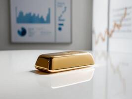 A gold bar sitting on a table in front of a chart photo