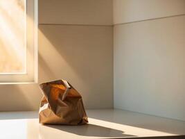 A brown paper bag sitting on a table in front of a window photo