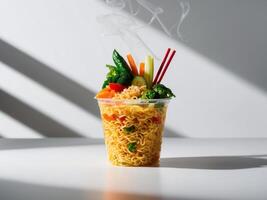 A bowl of noodles with vegetables and chopsticks photo