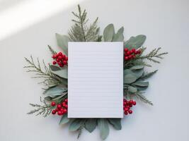 Blank paper with red berries and eucalyptus leaves on white background photo