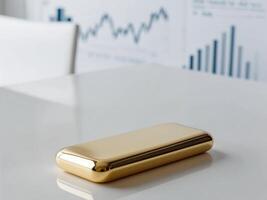 A gold bar sitting on a table in front of a chart photo