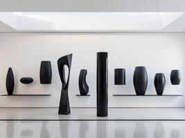 A large group of black sculptures in a white room photo