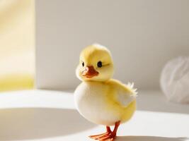 A small yellow duck standing on a white surface photo