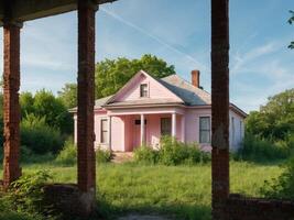 An abandoned pink house sits in the middle of a field photo