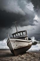 An old boat on the beach with storm clouds in the background photo
