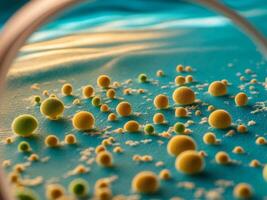 A magnifying glass is looking at a group of yellow and green balls photo