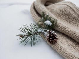 A knitted hat and a pine cone on a snowy ground photo