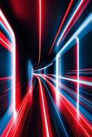 A red and blue light trail is seen in a tunnel photo