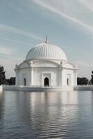 A white dome sits on top of a body of water photo