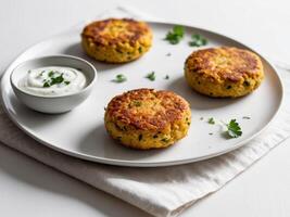 Three small crab cakes on a plate with a dip photo
