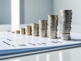 A stack of coins on top of a paper with a graph photo