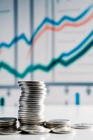 A stack of coins with a graph on the background photo