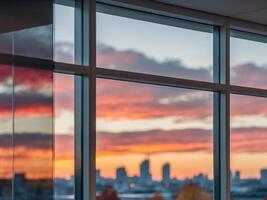 A view of the city skyline through a window photo