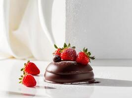 A chocolate cake with strawberries on top photo