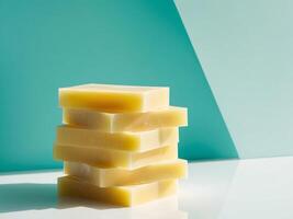 A stack of soap bars on a blue background photo