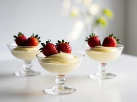 Three dessert bowls with strawberries on top photo
