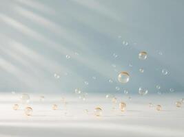 A white table with many bubbles floating in the air photo