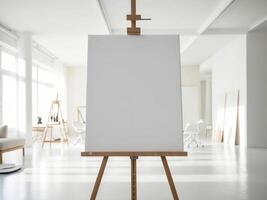 An easel with a blank canvas in an empty room photo