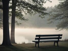 A bench sitting in front of a lake photo