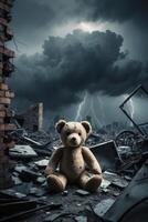 A teddy bear sits in a destroyed building photo