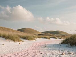 A pink sand path on a beach with grass and dunes photo