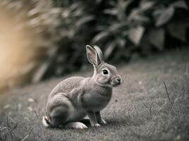 A rabbit sitting on the grass in a field photo