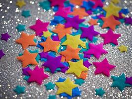 A close up of colorful confetti on a shiny surface photo