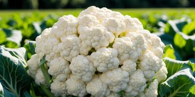 A large head of cauliflower in a field photo