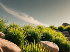 Grass and rocks in the sun with clouds in the background photo