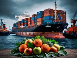 A bunch of fresh fruits on a table next to a container ship photo