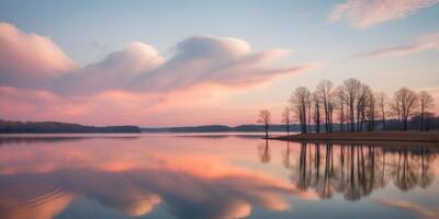 A lake with trees and clouds reflected in it photo
