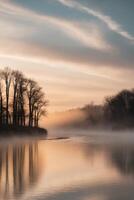 A river with trees and fog in the background photo