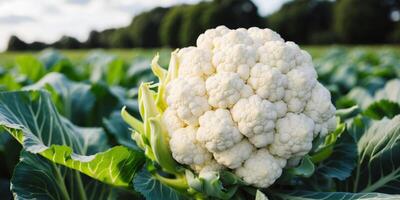 A close up of a cauliflower in a field photo